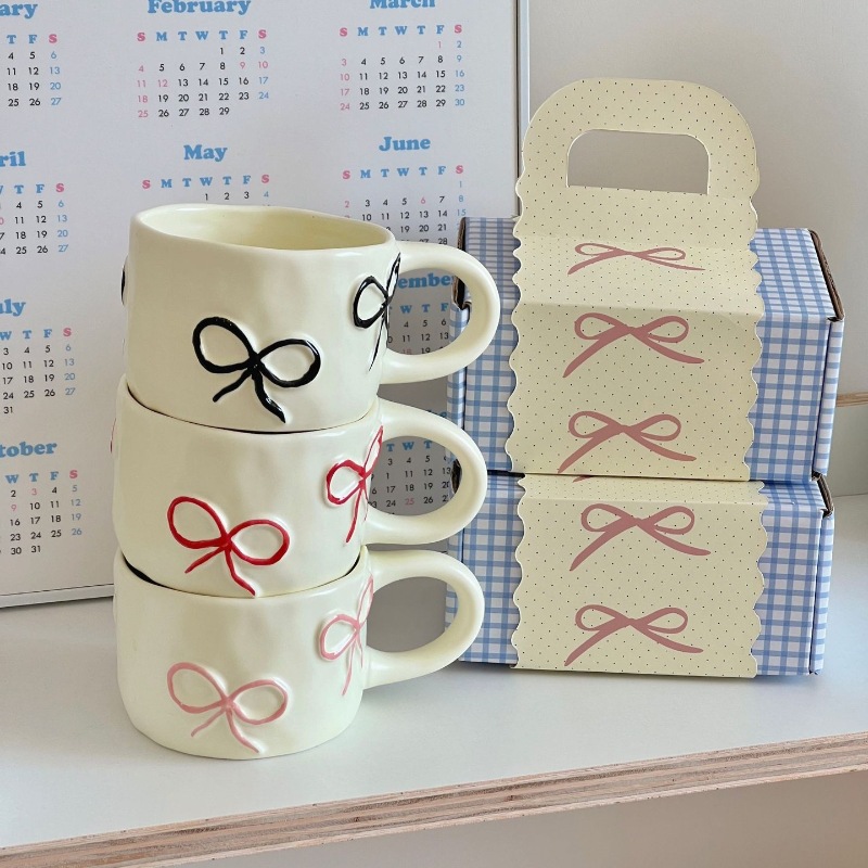 Bow mugs for girls, high appearance level, home breakfast cups, office ceramic water cups, couple cups, gift box set Item Picture