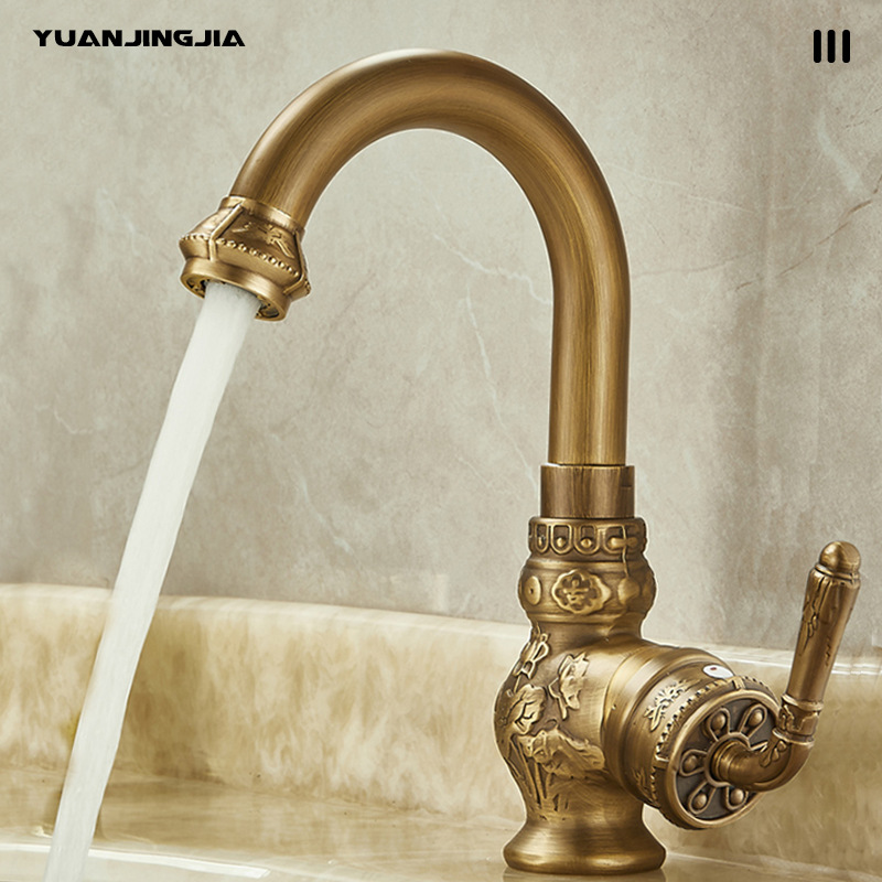 Retro carved thickened all-copper basin faucet, bathroom countertop basin, rotatable hot and cold water faucet full figure