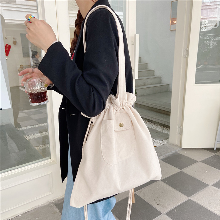 03172 Japanese ins canvas Bag 2020 New Style hand-held drawstring single-shoulder bag, artistic check student cloth bag wholesale Specification drawing
