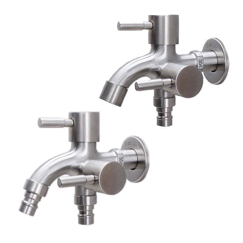 304 stainless steel single-cooling extended quick-opening dual-purpose multi-functional washing machine faucet with dual water outlets, one in and two out full figure