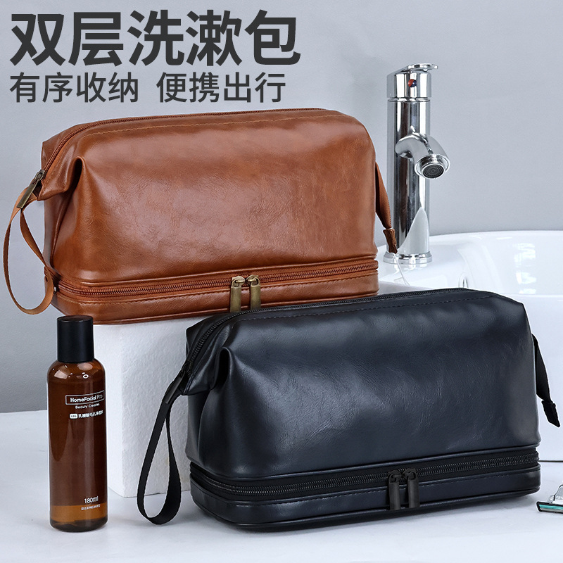 Cross-border PU men's toiletries bag with British style, high appearance level, double-layer large-capacity portable hand-held cosmetics storage bag full figure