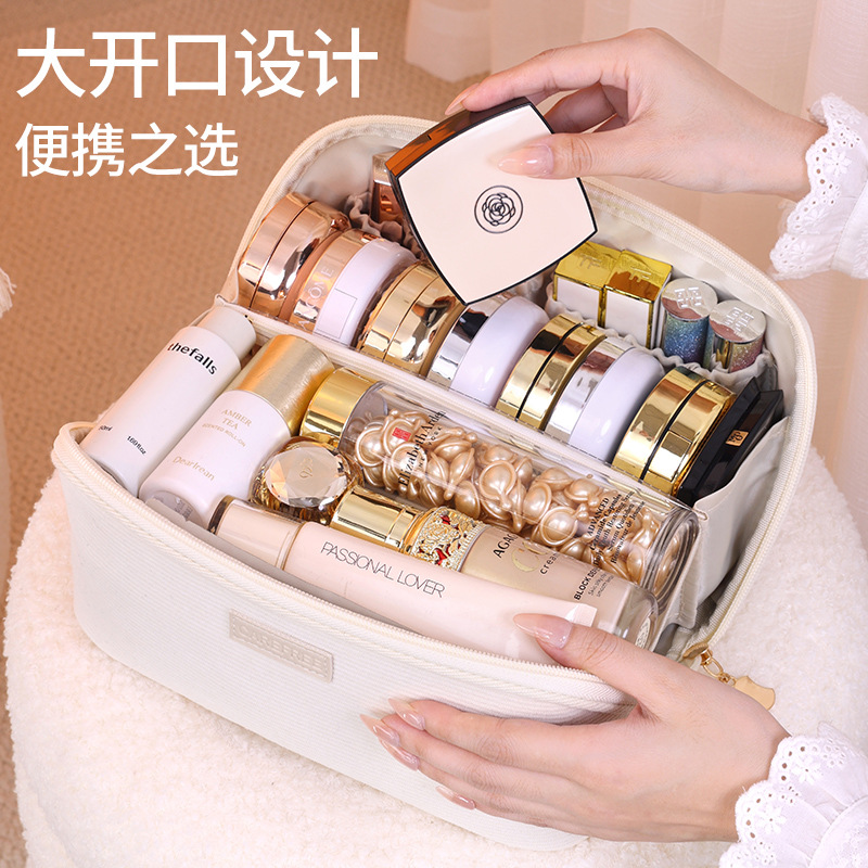 New cross-border corduroy open makeup bag with large opening and multi-functional compartments for storage, travel portable toiletry bag Application Scenario