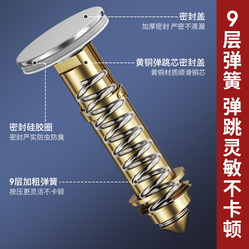Electroplated American-standard small-diameter washbasin, jumping core drain, press-type washbasin plug, anti-odor filter core Specification drawing