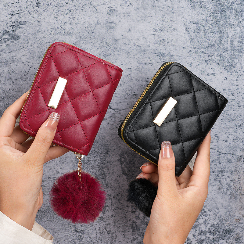Ladies' short small wallet 2024 New style diamond-patterned embroidered iron sheet with hairball hanging coin purse card case, casual foreign trade bag details Picture