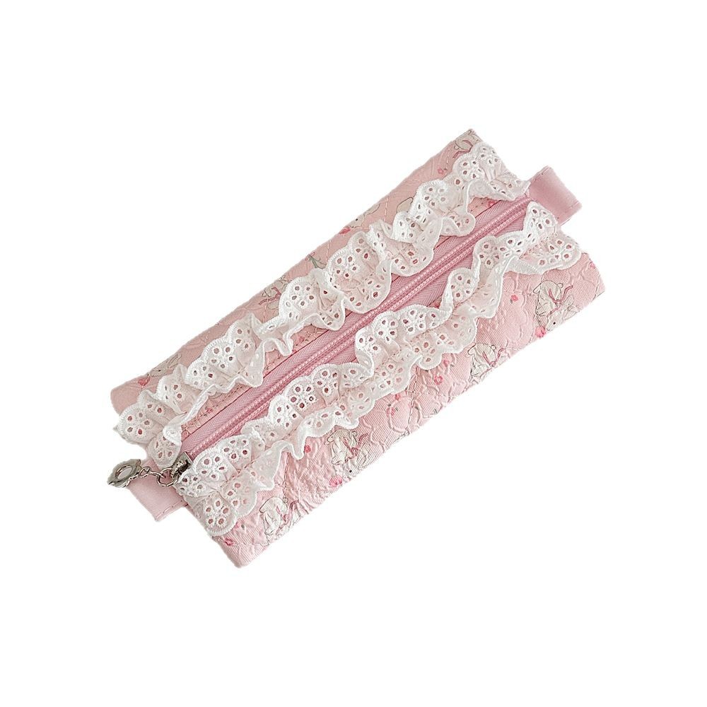 52203 Lace fringed girl quilted pen case, large capacity stationery storage bag, portable high appearance level pencil case Item Picture