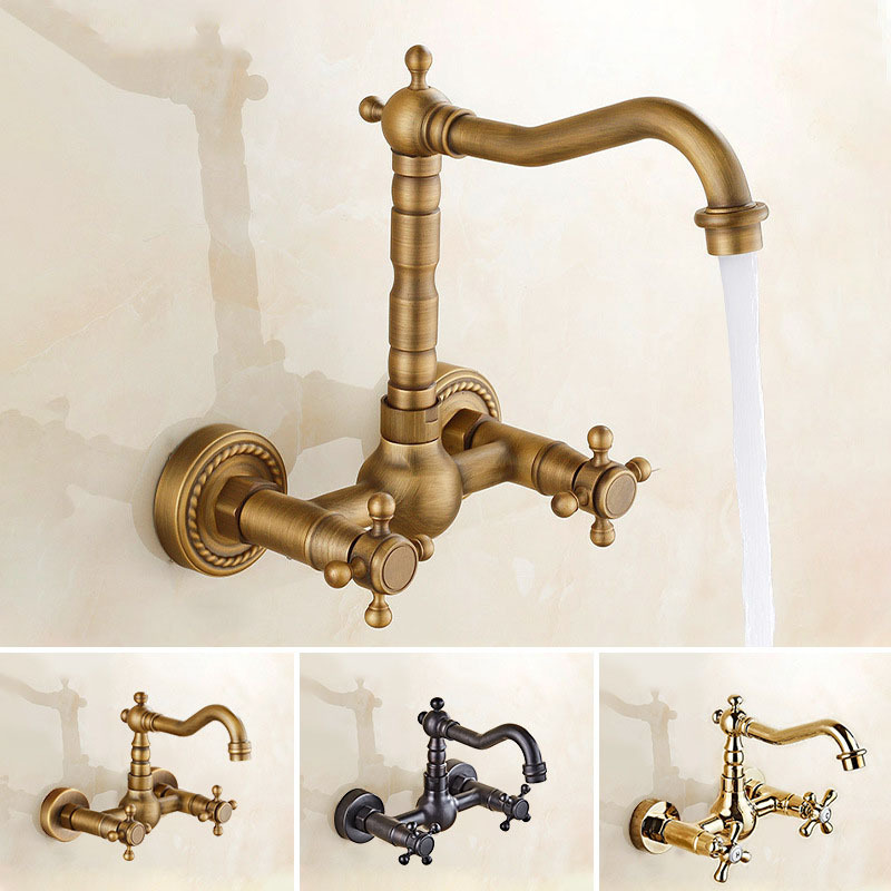 Antique all-copper wall-mounted cold and hot washbasin faucet, wall-mounted household double-handle balcony washbasin faucet full figure