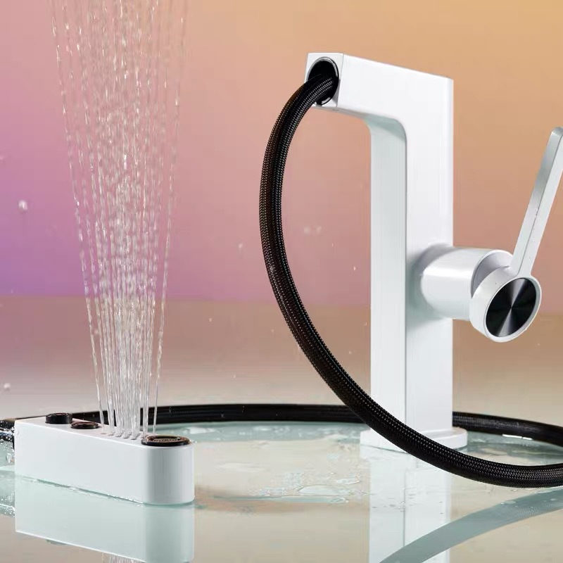 All-copper white smart pull-out washbasin faucet, washbasin, washbasin, countertop, household digital display cold and hot water faucet Specification drawing