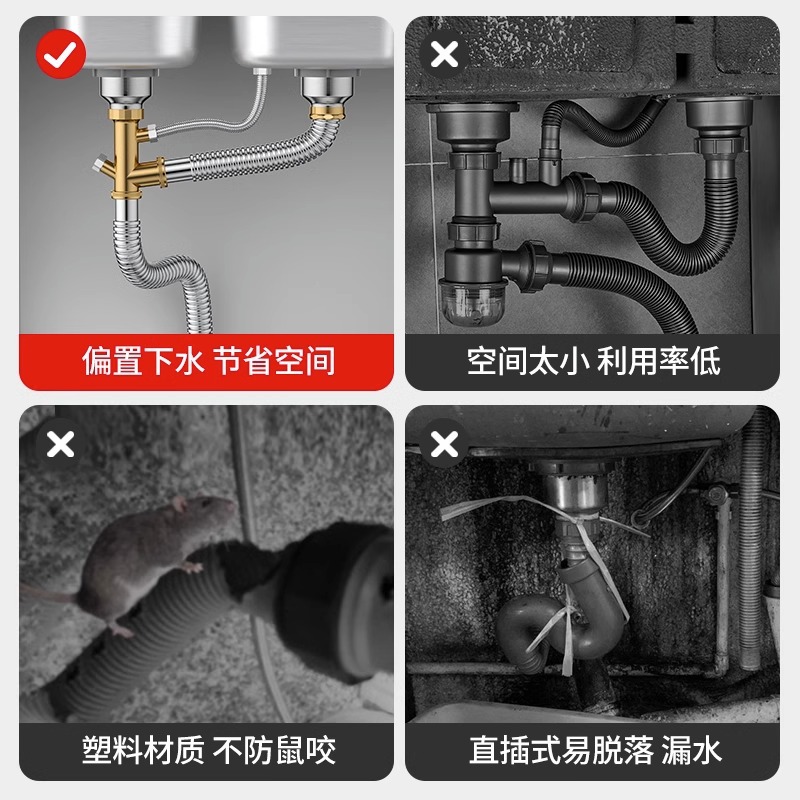 Kitchen drain pipe fittings, sink, stainless steel drain, sink, double-slot anti-odor drain pipe set Specification drawing
