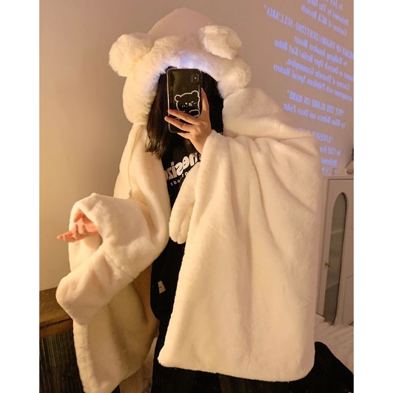 Little bear plush blanket, women's winter thickened warm cape blanket, nap office lazy person's shawl, hooded cape details Picture
