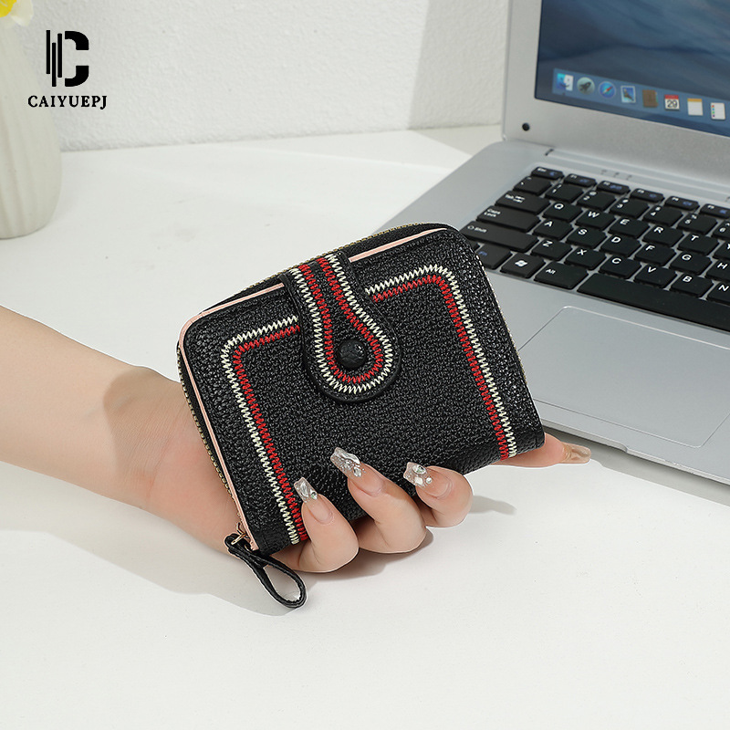 New small wallet women's short, high-quality coin purse with multiple slots and contrasting colors, cross-border wallet with embroidered thread buckle full figure