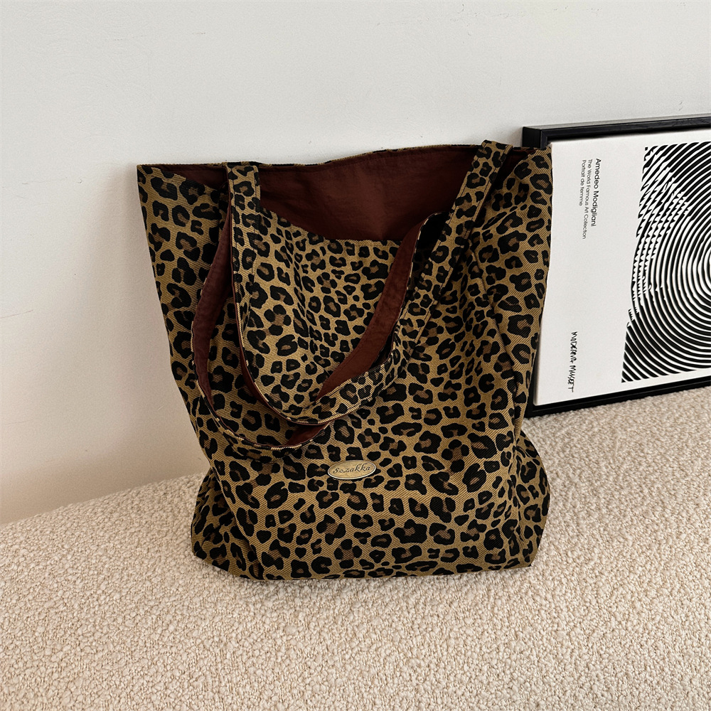49252 Leopard print single-shoulder bag, women's tote, large capacity canvas bag under the armpit, new autumn/Winter 2024 double bread bag Specification drawing