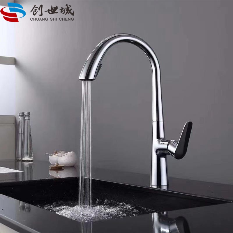 Water-plated gun gray pull-out kitchen faucet, household pressure-increasing universal dishwashing basin, cold and hot splash-proof faucet details Picture