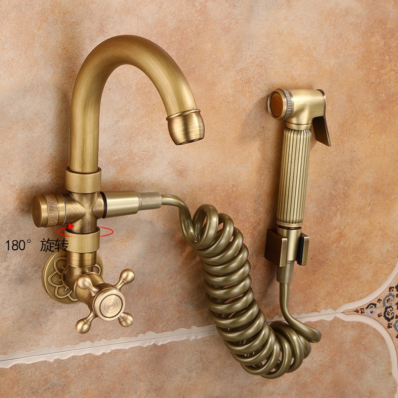 Mop faucet, brass extended sink, antique single cold outdoor, outdoor balcony mop, washbasin, spray gun set Specification drawing
