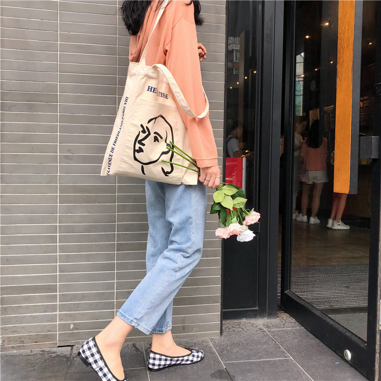 【 In Stock 】A224 Korean Instagram style simple women's portrait printed canvas bag, single-shoulder bag, outer pocket cloth bag Specification drawing