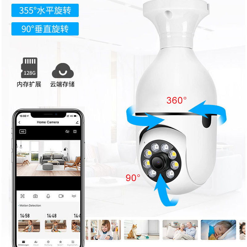 2 million full-color night vision E27 bulb camera, 360-degree rotatable panoramic high-definition intercom surveillance camera Specification drawing