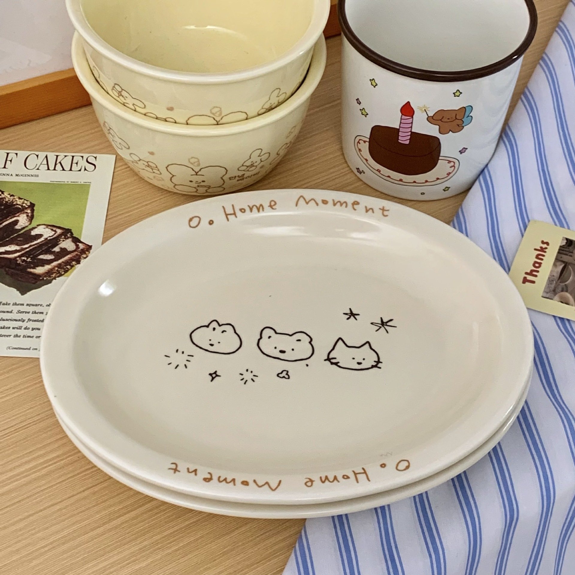 Cream-colored star cat, inS-style Korean illustration animal plate, high appearance level salad breakfast fruit dessert plate Application Scenario