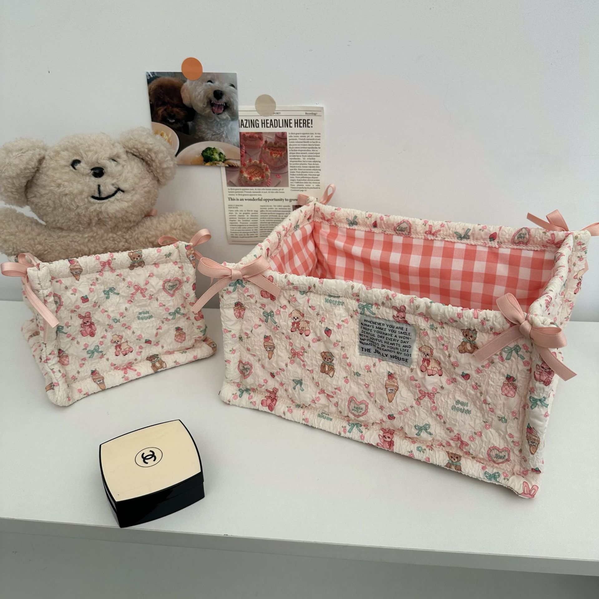 High-appearance-level desktop storage basket, ins cute snack and sundries storage basket, storage box, cosmetic and skincare product organizing bag Specification drawing