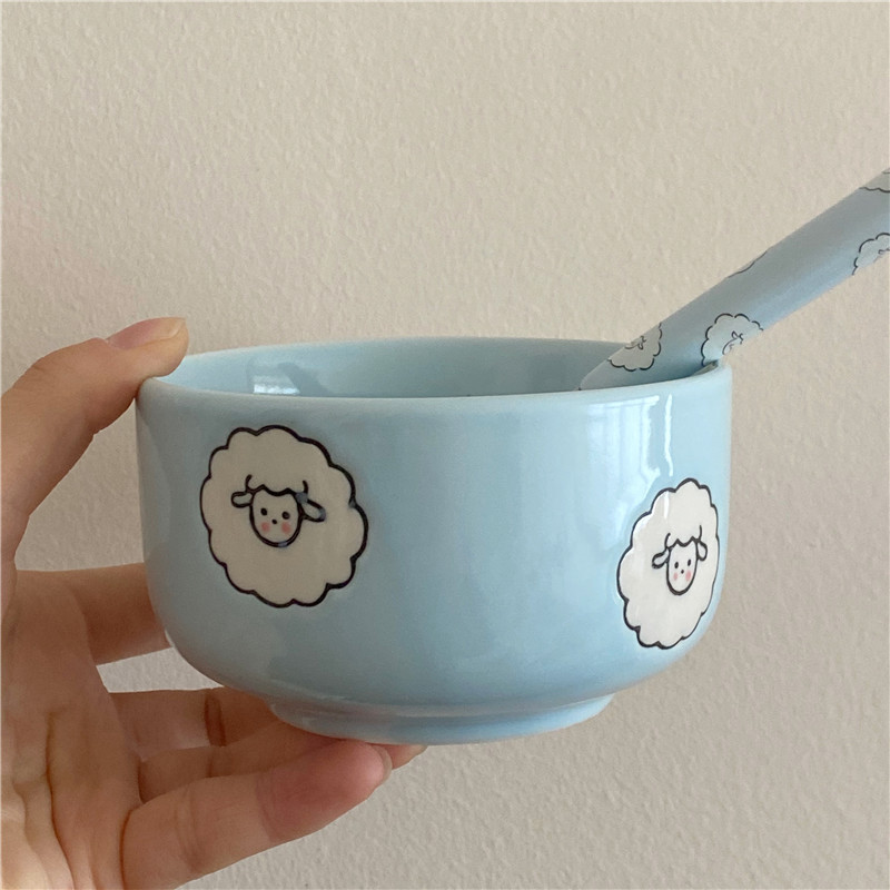 Cute cartoon blue lamb ceramic bowl, dessert bowl, girlish salad bowl, household ceramic plate set tableware Item Picture