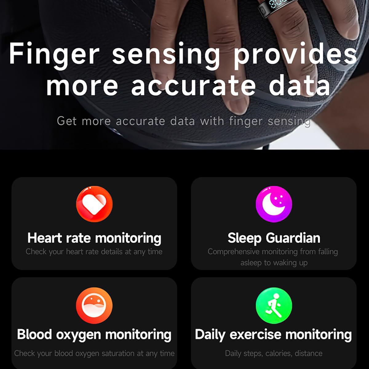 New cross-border touch display smart ring, heart rate counter, step count, sleep remote control, photo taking, Douyin browsing, TK e-book Specification drawing