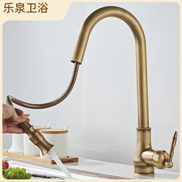 Cross-border retro European-style pull-out faucet, antique brushed gold sink, pull-out kitchen hot and cold water faucet Application Scenario