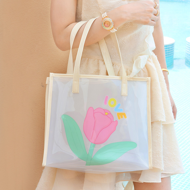 Summer jelly beach bag for women, transparent hand-held bag, PVC storage bag, niche portable handbag, single-shoulder bag details Picture