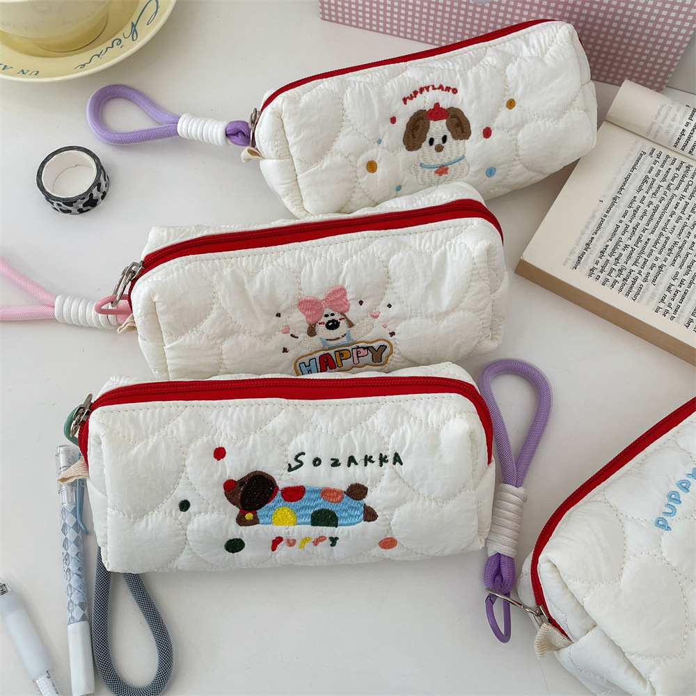 49211 New large-capacity student pen case, portable dog embroidery makeup bag, cartoon casual stationery storage bag details Picture