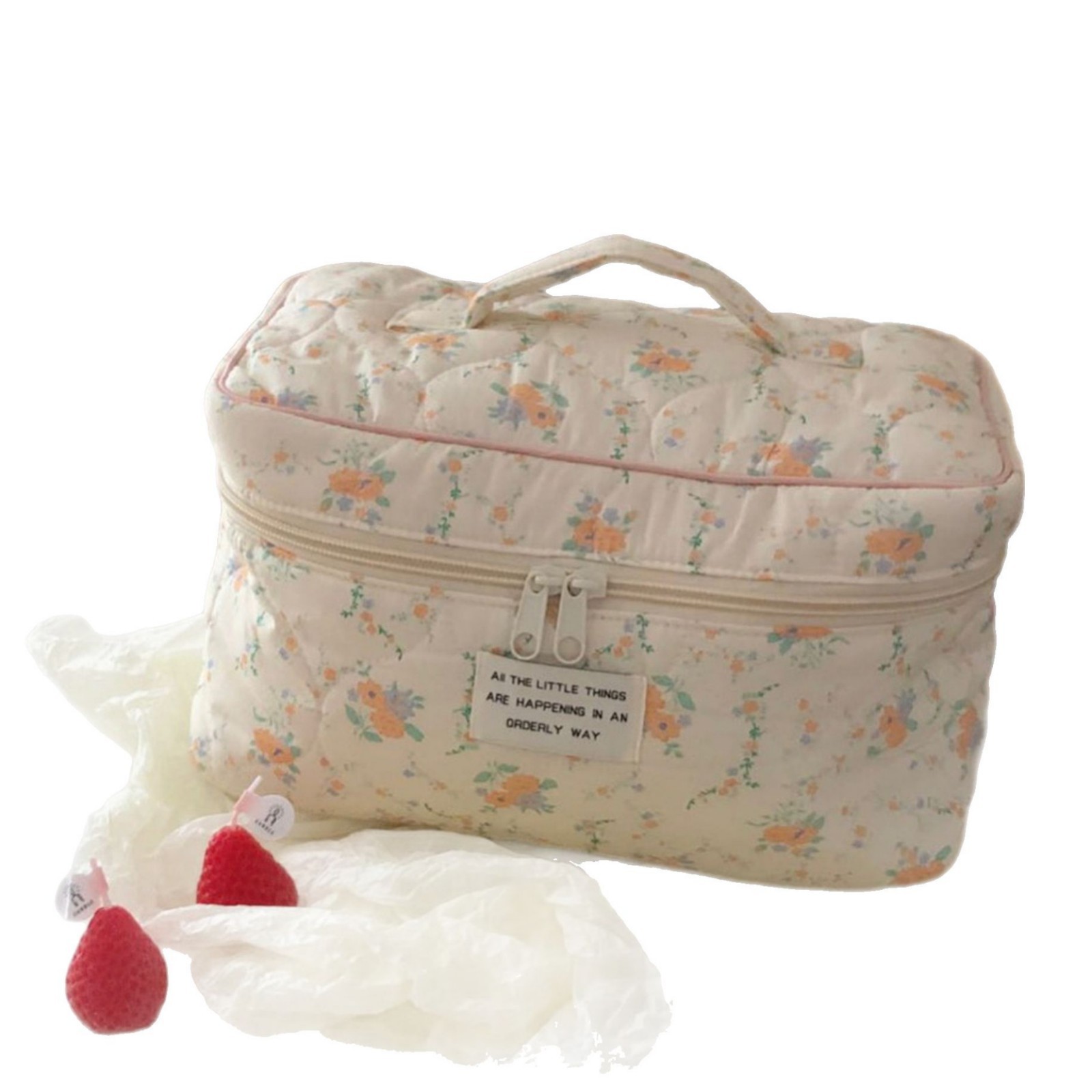 Gentle apricot-colored floral makeup bag, ins large-capacity portable handbag, student storage bag for traveling to South Korea Item Picture