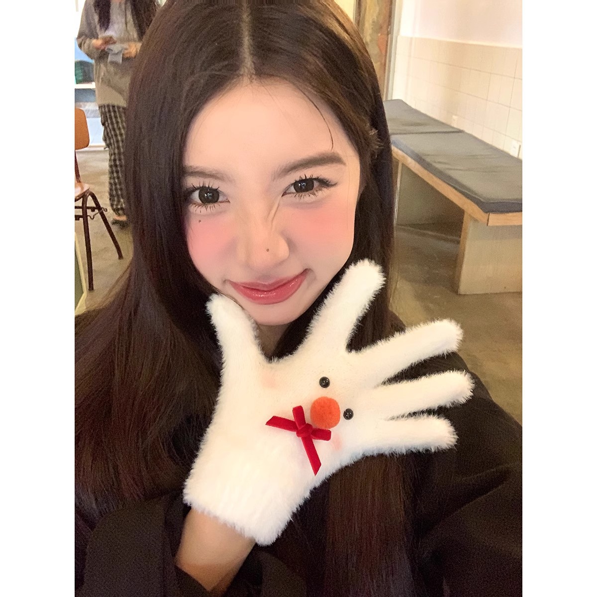 Christmas snowman plush gloves for girls, cute and warm, thickened and warm, bow-shaped finger gloves for cycling to prevent cold waves full figure
