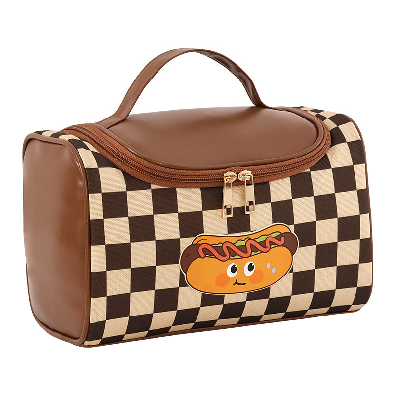 New cosmetic bag with high appearance level, large capacity for women, hot dog, checkered portable travel cosmetics, toiletry bag and storage bag Item Picture