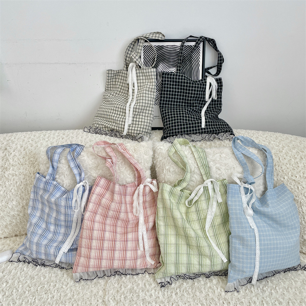 53173 New Niche Girls' lace bow checkered single-shoulder bag, large-capacity commuter tote bag for women details Picture