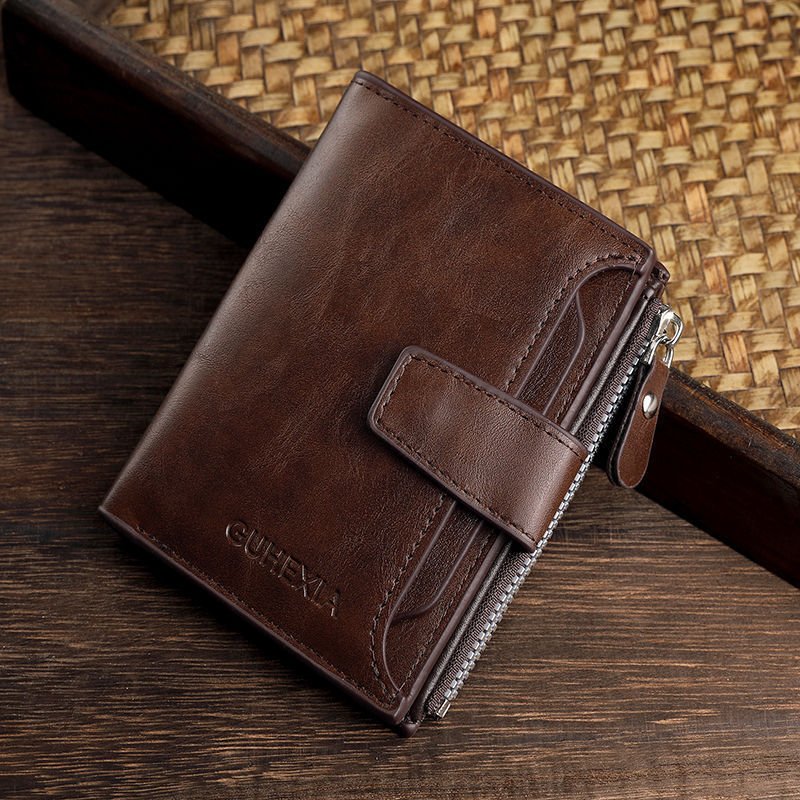 Best-selling leather wallet for men, short style, 20% off, large capacity, multi-compartment, multi-functional zipper small wallet, bank card holder details Picture
