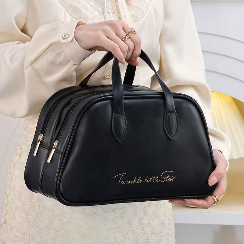 New travel PU leather large-capacity toiletry bag, double-layer makeup bag, waterproof, high appearance level portable fashionable handbag full figure