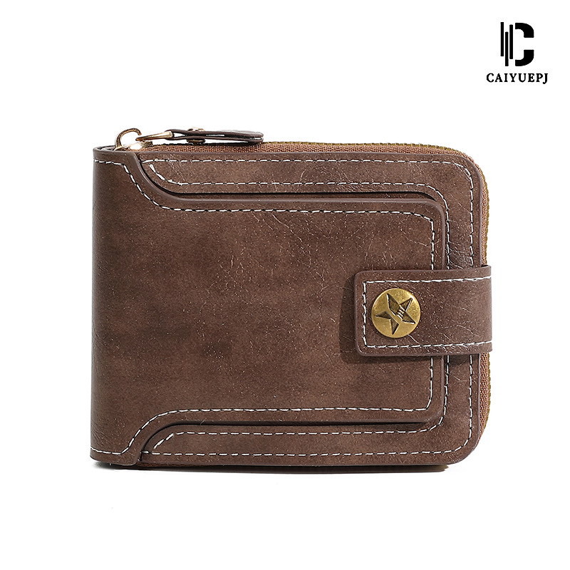 New Product 2025 Vintage Men's Short wallet, horizontal zipper multi-functional card bag, buckle coin purse, cross-border Item Picture