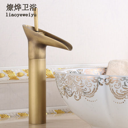 European-style antique faucet, countertop basin, waterfall, bathroom, single cold hole wine glass faucet, cold and hot all-copper washbasin full figure