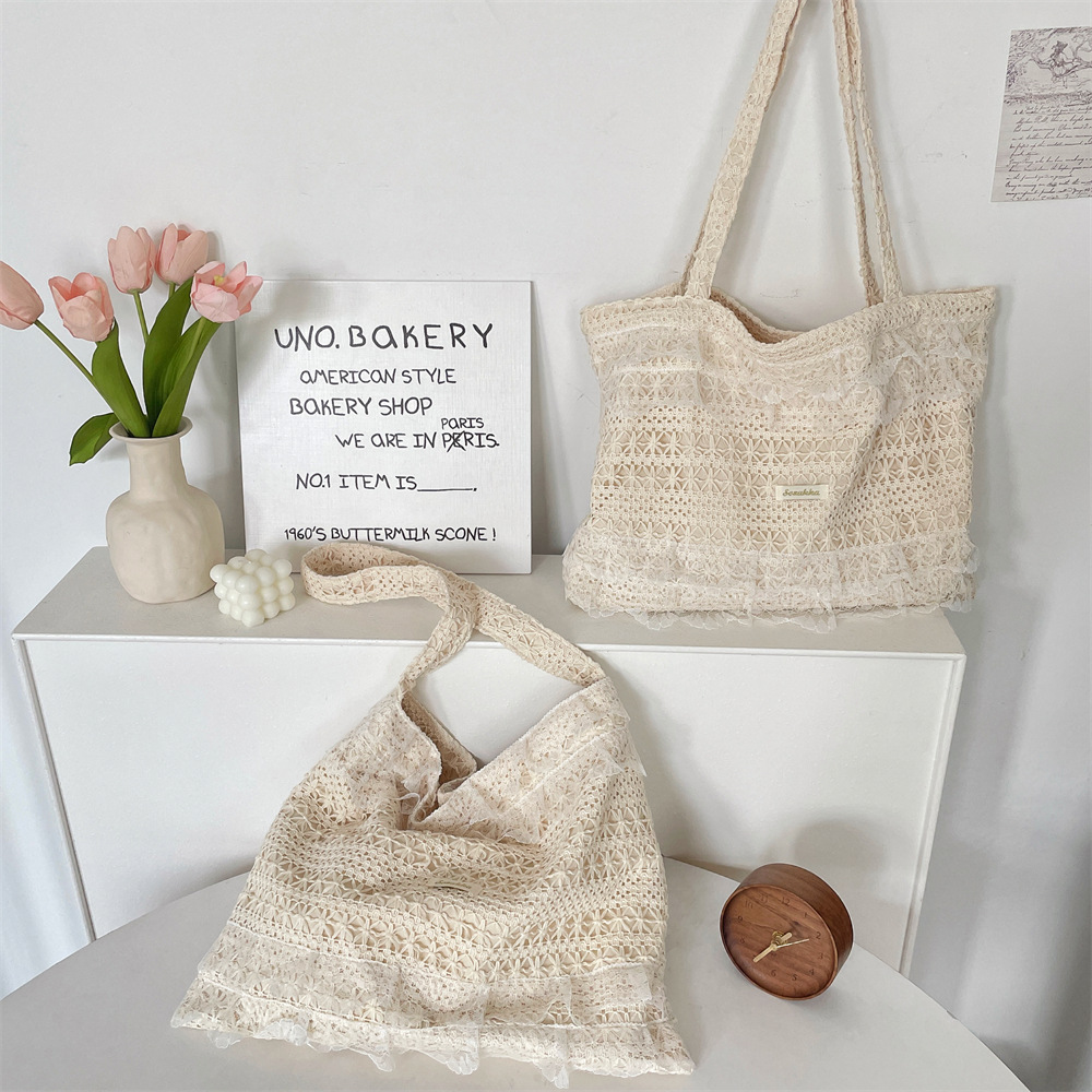 56281 Summer Casual Vacation single-shoulder Bag, ethereal lace canvas bag, large-capacity tote bag, Hollowed-out beach bag details Picture