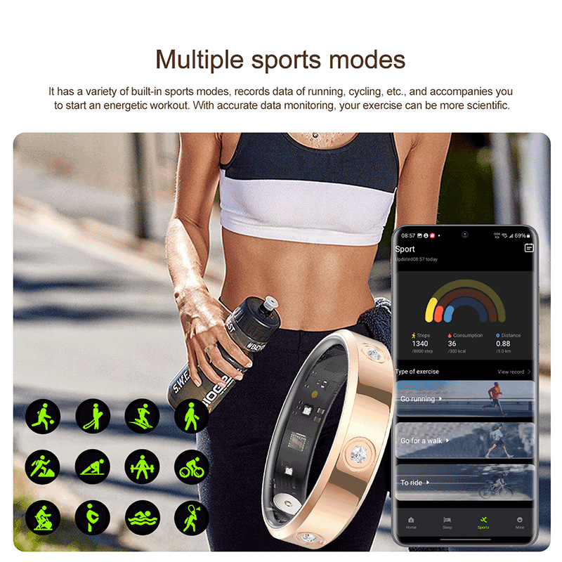 The new cross-border HR01 smart ring for heart rate, sleep, blood oxygen monitoring, step counting, sports, fashion and diamond-encrusted smart ring Application Scenario