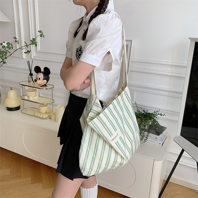 13165 Japanese striped single-shoulder bag, large-capacity underarm bag, canvas bag, women's work cloth bag, student crossbody schoolbag full figure