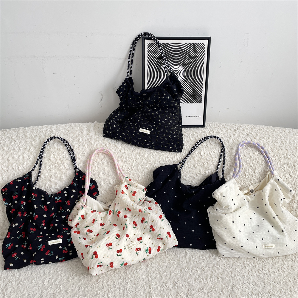 5493 New Chiffon cherry flower large-capacity single-shoulder canvas bag, daily commuting underarm single-shoulder tote bag Specification drawing