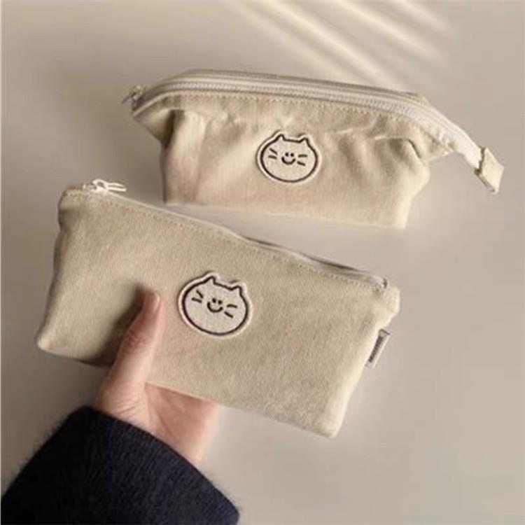 Cute cat and dog canvas pen case, dirt-resistant student pencil case, stationery bag, large-capacity stationery and makeup bag, storage bag details Picture
