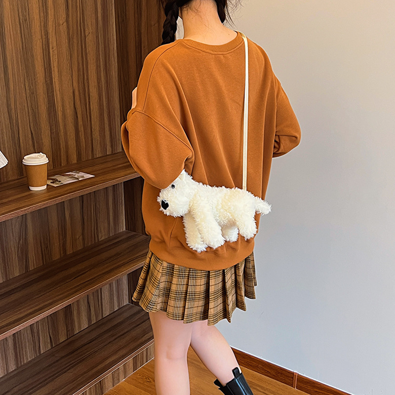 Cross-border plush puppy bag for women 2024 New style, fashionable cartoon West Highland doll bag, foreign trade single-shoulder crossbody bag full figure