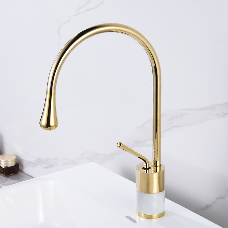 Nordic light luxury all-copper gold natural marble washbasin, cold and hot water faucet washbasin, brass single-hole countertop basin details Picture