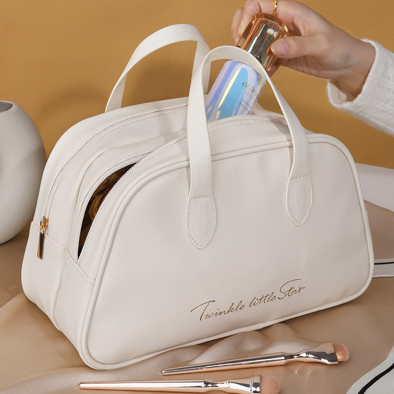 New travel PU leather large-capacity toiletry bag, double-layer makeup bag, waterproof, high appearance level portable fashionable handbag details Picture
