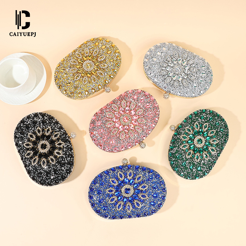 Cross-border new diamond clutch bag, dinner bag, oval single-shoulder bag, hand-held cheongsam bag, shell bag Specification drawing