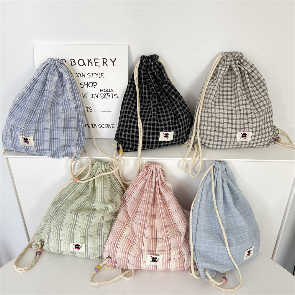 53232 New stylish and trendy drawstring backpack, beaded summer checkered canvas backpack, simple for commuting details Picture