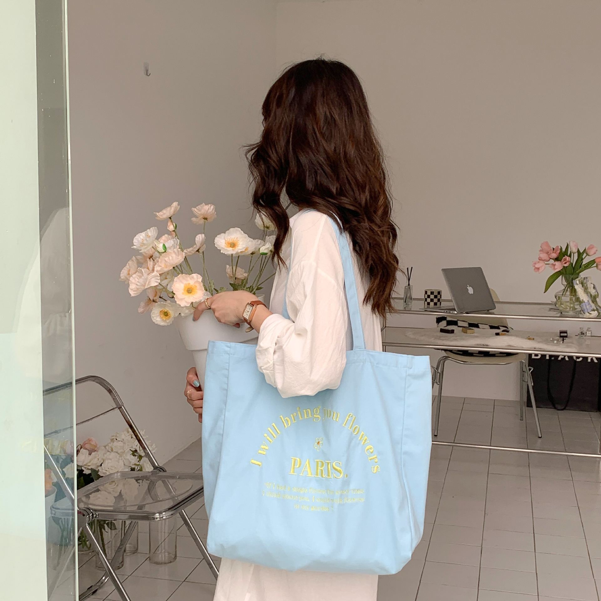 2521 InS-style women's canvas bag with letter embroidery, single-shoulder bag, large capacity student handbag, shopping bag for shopping details Picture