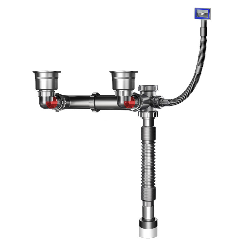Kitchen drainpipe set, stainless steel sink accessories, dishwashing trough, drainage channel, double-trough sink, anti-odor drain Item Picture