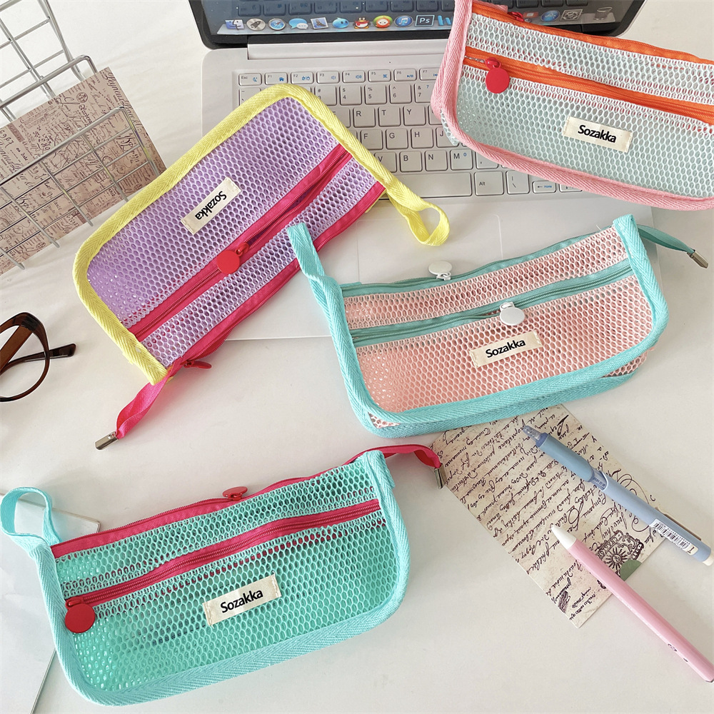 5612 Dopamine color-blocking cosmetic Bag, Large capacity pen case, Stationery Storage Bag, Portable mesh Pencil case details Picture