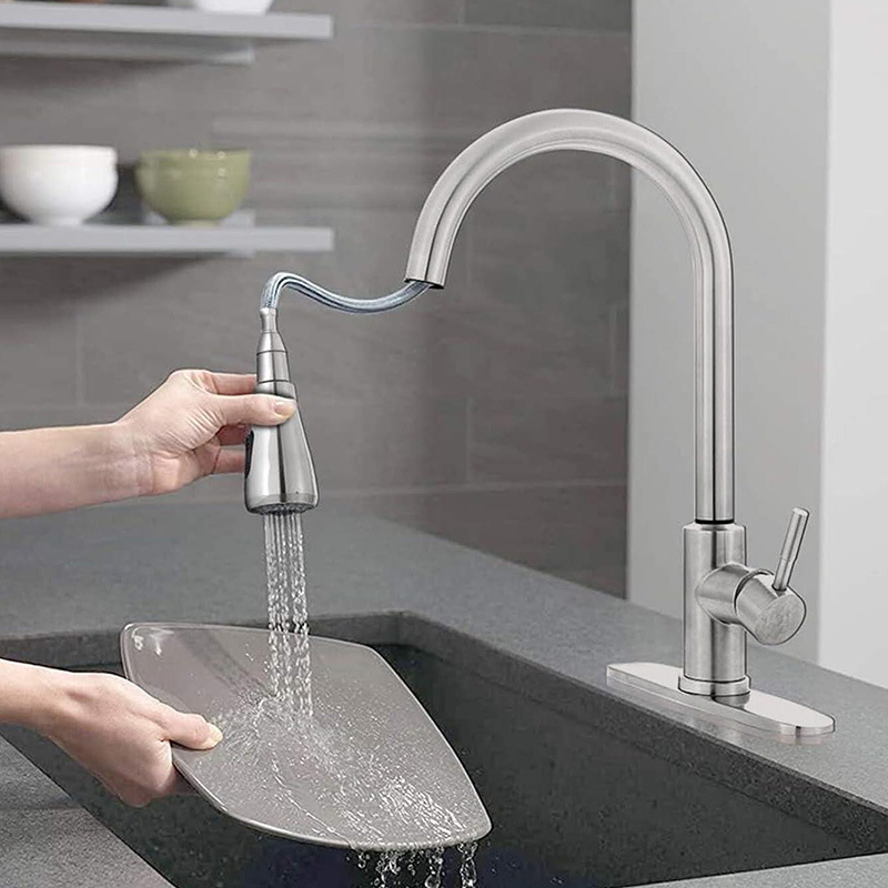 Cross-border 304 stainless steel touch pull-out faucet, brushed cold and hot rotating sensor kitchen pull-out faucet details Picture