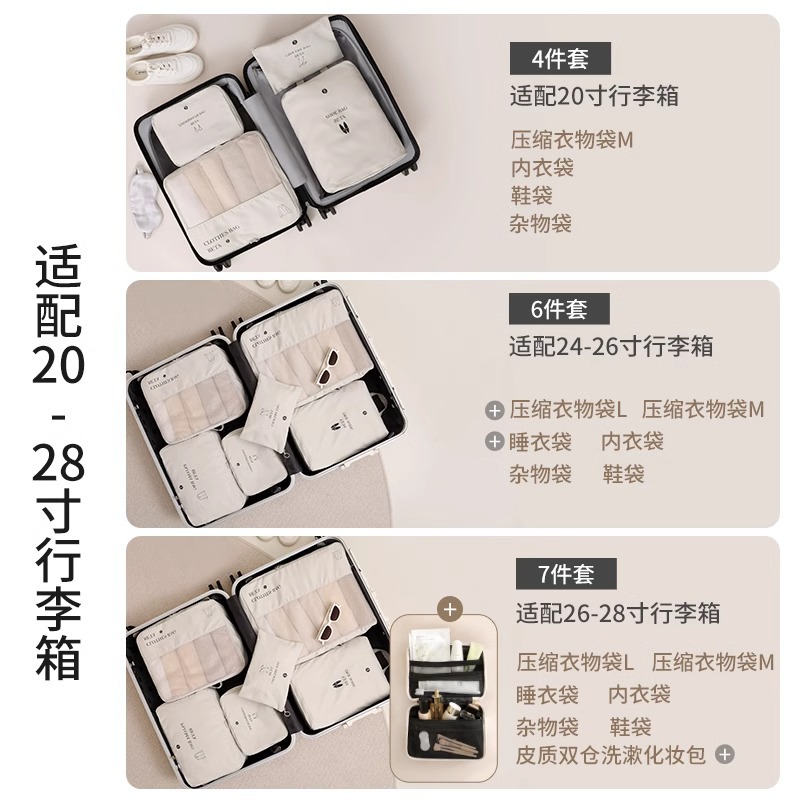 Twill travel storage bags, travel clothes storage bags, down jackets, luggage compartments, inner pockets, travel cases Specification drawing