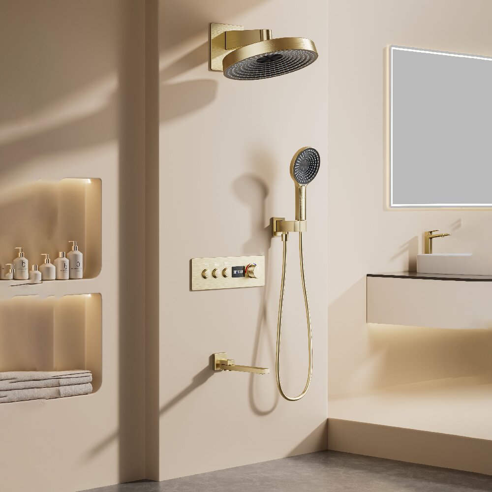 Concealed wall-mounted shower head, three-speed pressurized large top shower head set with water flow and temperature under the waterfall full figure